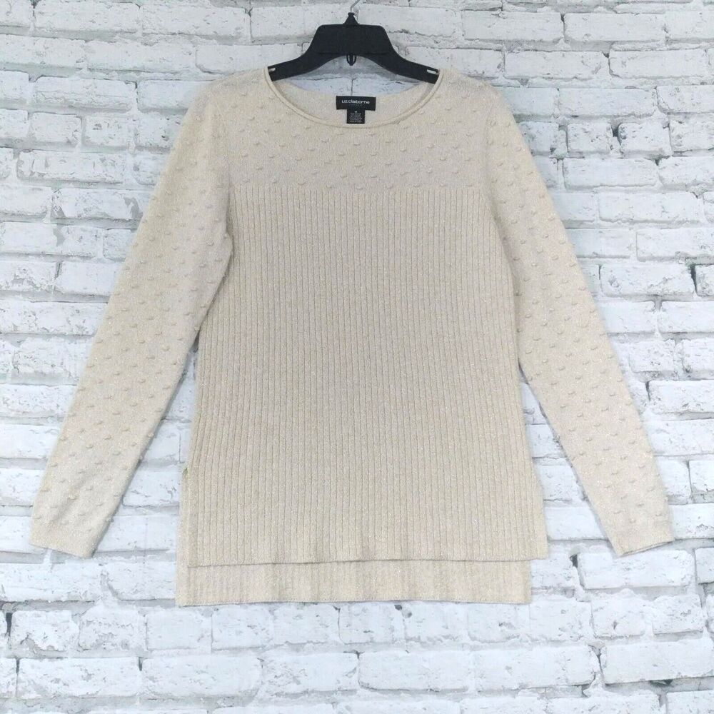 Liz Claiborne Career Womens Top Medium White Gold Metallic Swiss Dot Ribbed